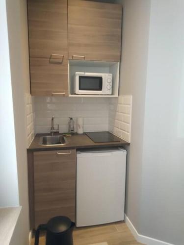 Il comprend une petite cuisine équipée d'un réfrigérateur blanc et d'un four micro-ondes. dans l'établissement Appartement, à Paris