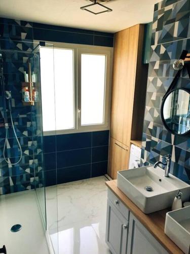 une salle de bain avec un lavabo, une douche et un miroir dans l'établissement Charmante maison proche plage et port, à Camaret-sur-Mer