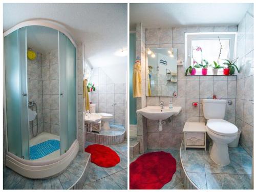 two pictures of a bathroom with a shower and a toilet at Bingo Apartment in Split