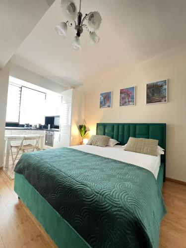 a bedroom with a large bed with a green headboard at Apartment near IPJ IASI Copou in Iaşi