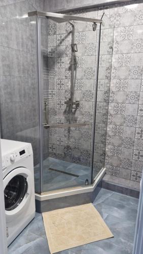 a shower stall with a washing machine in a bathroom at AIRPORT-TAXI-PARKING-Card in Chişinău