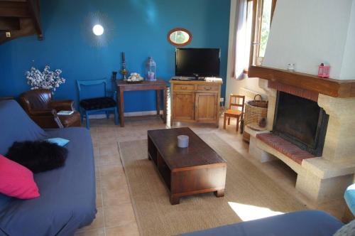 un salon avec un canapé et une cheminée dans l'établissement Le monteil, à Calviac