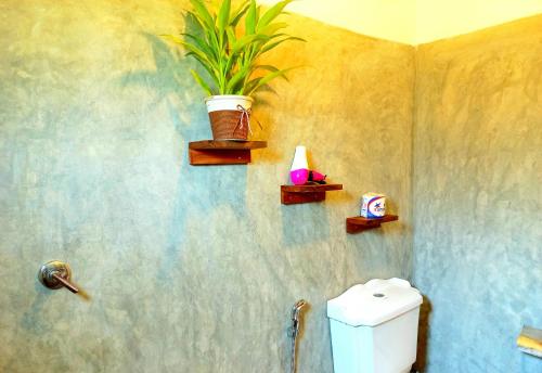 a bathroom with a toilet and a plant on the wall at Coco Garden Villas 4 in Hikkaduwa