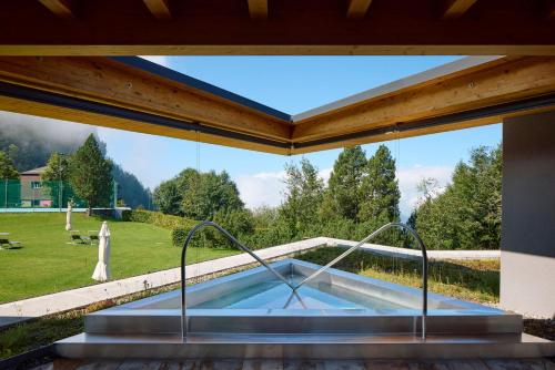 a view of a swimming pool from inside a house at Wellness Hotel Stoos in Stoos
