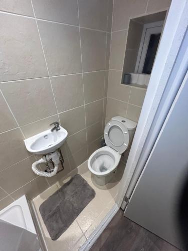 a small bathroom with a toilet and a sink at Cosy rooms near Gatwick Airport in Ifield