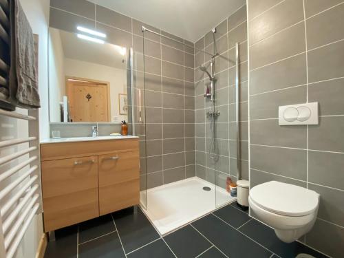 une salle de bain avec une douche, des toilettes et un lavabo dans l'établissement Charmant T3 Neuf, Skibus Gratuit, Terrasse, 2 Places Privées, WIFI - Samoëns - FR-1-624-122, à Samoëns