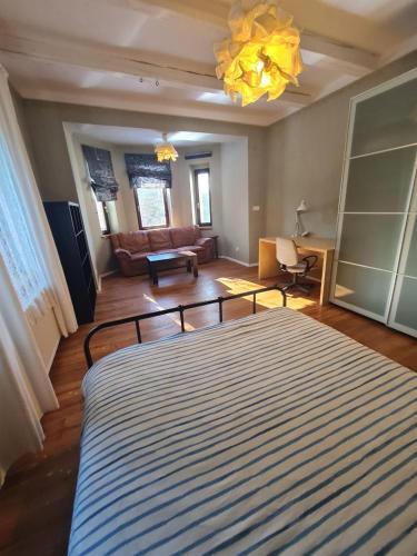 a bedroom with a bed and a living room at Guest Rooms in Private Home by Airport, Shared Bath, Non-Smoking, Contactless Check-in, No Staff, Quiet Stay, Short Stay in Kněžívka