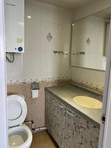 a bathroom with a toilet and a sink and a mirror at Sea View Holiday House in Hong Kong