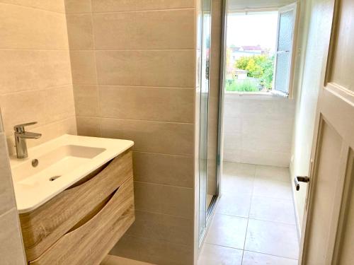 a bathroom with a sink and a shower at Charmante Maison avec Jardin à Troyes in Sainte-Savine