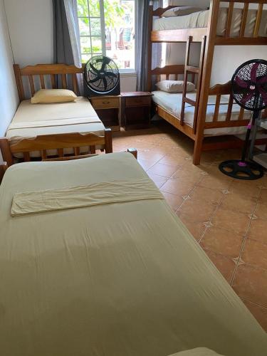 a room with three bunk beds and a window at Spanish by the Sea - Bocas in Bocas Town