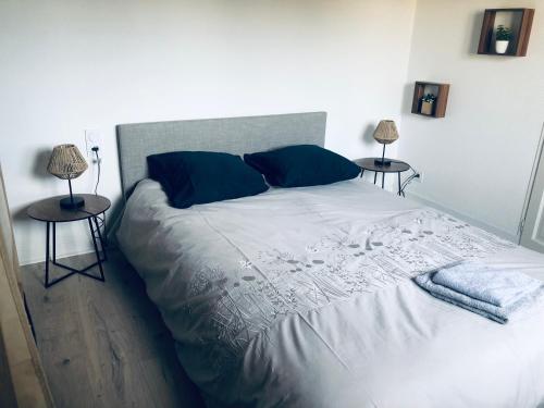 - une chambre avec un grand lit et 2 tables de chevet dans l'établissement Maison de campagne proche de la côte, à Chauvé