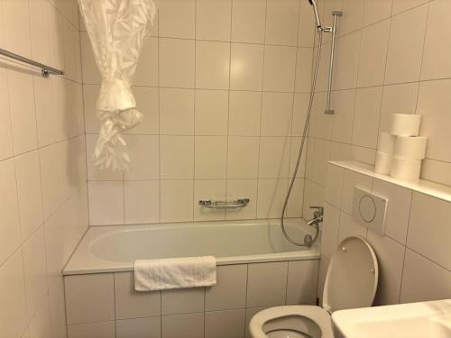 a bathroom with a toilet and a bath tub at Cozy 2BR near Lake - Wille 8 in Zürich