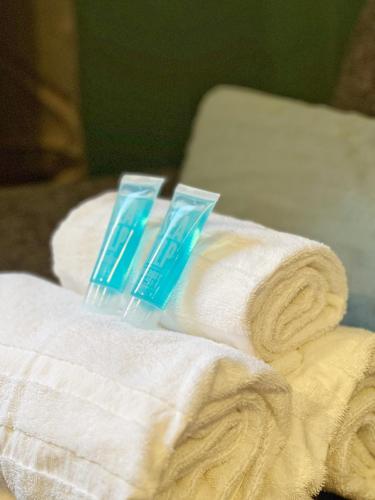 - deux brosses à dents assises au-dessus des serviettes sur un lit dans l'établissement Le Bistrot d'Eugène - Hypercentre - Calme, à Toulouse