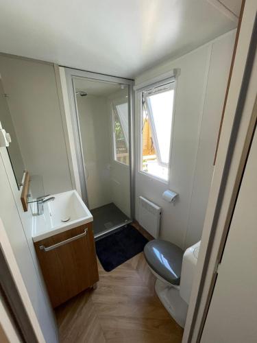 une petite salle de bain avec un lavabo et un miroir dans l'établissement Mobil Home Les Viviers Cap Ferret, à Lège-Cap-Ferret
