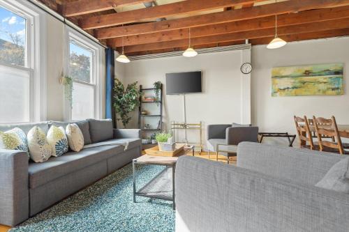 a living room with two couches and a tv at Living on The Edge of Capitol Hill in Washington, D.C.