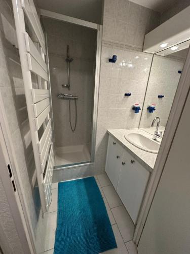 La salle de bains est pourvue d'une douche et d'un tapis bleu. dans l'établissement La Vigie du Corsaire, à Carqueiranne