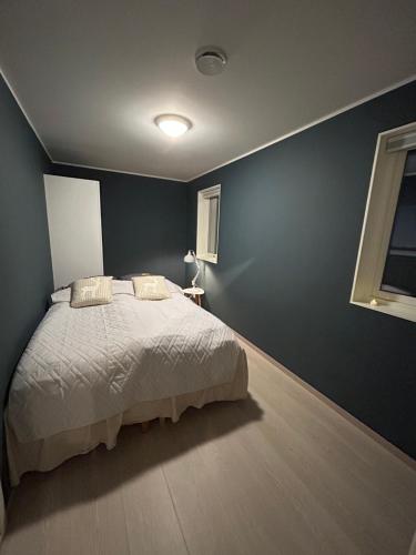 a bedroom with a bed and a blue wall at Eide Aurora Apartement in Tromsø