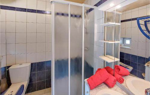 ein Badezimmer mit Dusche, Toilette und Waschbecken in der Unterkunft Amazing Apartment In Usson-En-Forez With Kitchen in Usson-en-Forez