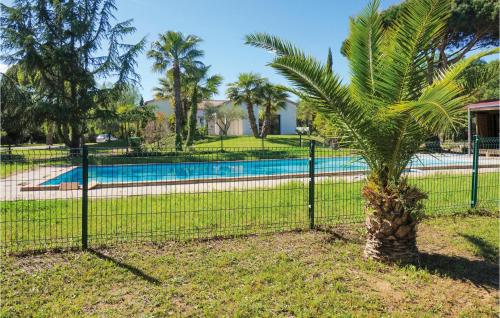 une clôture avec un palmier en face d'une piscine dans l'établissement Beautiful Home In Beziers With Wifi, à Béziers