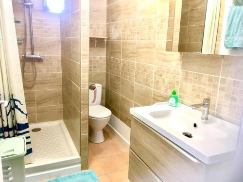 une salle de bain avec un lavabo et des toilettes dans l'établissement Grand T2 lumineux rénové Lamalou centre, à Lamalou-les-Bains