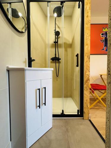 La salle de bains est pourvue d'une douche et d'une armoire blanche. dans l'établissement Petite merveille, à Vittel