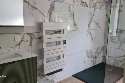 La salle de bains est pourvue d'un lavabo et d'un mur en marbre. dans l'établissement Appartement Le Marcky, à Graulhet