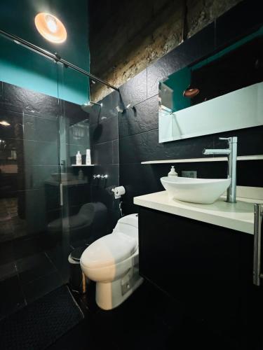 a bathroom with a toilet and a sink and a shower at Moonshine Boutique Hostal in Cali