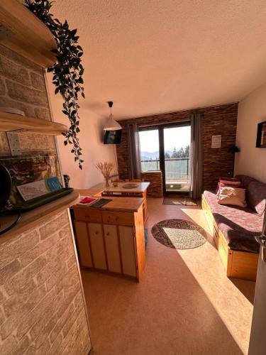 un salon avec une cheminée et un canapé dans l'établissement Chamrousse - Résidence Le Vernon, à Chamrousse