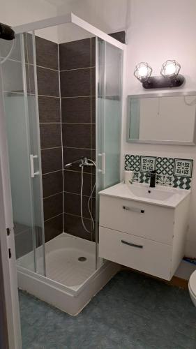 une salle de bain avec douche et lavabo dans l'établissement appartement cosy lumineux très confortable, à La Grande Motte