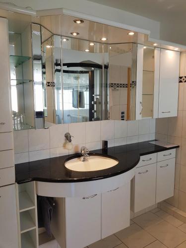 a bathroom with a sink and a large mirror at Schöne 120-qm-Ferienwohnung - Sonnenterrasse - Stadtgrenze Lübeck in Stockelsdorf
