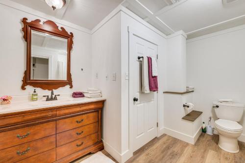 a bathroom with a sink and a toilet and a mirror at Group Getaway about 15 Mi to Charlottesville! in Zion Crossroads