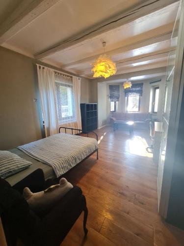 a bedroom with two beds and a couch in it at Airport Private Apartment, Advance Registration, No Reception, Self Check-in, Calm Environment, Non-Smoking Guests in Kněžívka