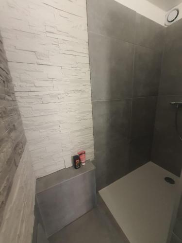 une salle de bain avec une douche avec un banc dedans dans l'établissement Residence le Cézanne vue panoramique climatisée, à Gréoux-les-Bains