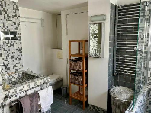 une salle de bain avec un lavabo, des toilettes et une douche dans l'établissement Paris Montorgueil, à Paris