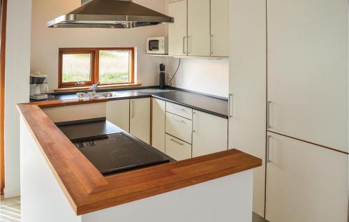 a kitchen with white cabinets and a white refrigerator at Holiday Home Klitengene Xi in Thorsminde