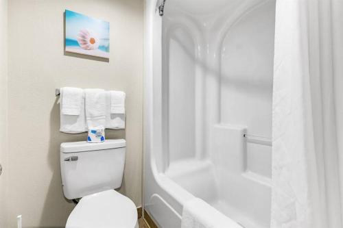 a bathroom with a white toilet and a shower at Supreme Oceanfront Studio, Dogs OK! 1126 in Myrtle Beach