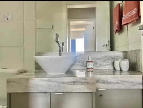 ein Badezimmer mit einem weißen Waschbecken auf der Theke in der Unterkunft Canto dos pássaros in Governador Celso Ramos