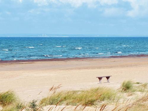 a bench sitting on a beach near the ocean at Summer cottage near the beach in Mellbystrand