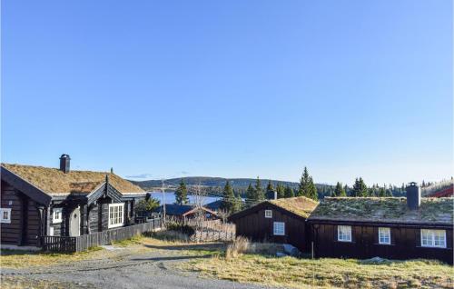 a row of houses in a town with mountains in the background at Lovely Home In Sjusjøen With Sauna in Sjusjøen
