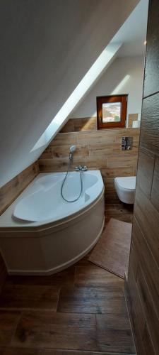 a large bathroom with a tub and a sink at Keramika Rokytnice in Rokytnice nad Jizerou