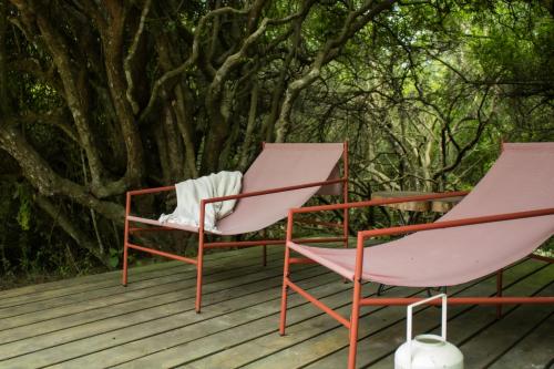 two chairs sitting on a deck with a tree at CASA LOBO - La Pedrera -Luxury- Diseño junto al Mar in La Pedrera