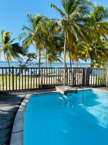 a swimming pool with palm trees in front of a fence at Ti paradis créole - Sainte-Anne in Plaisance