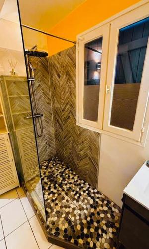 a shower with a glass door in a bathroom at Ti paradis créole - Sainte-Anne in Plaisance