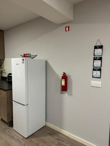 a white kitchen with a refrigerator and a fire extinguisher at Meu Refugio Apartamento in Silveira