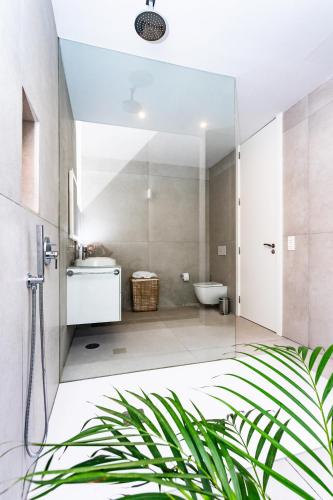 a bathroom with a shower and a sink and a toilet at Villa Tenik in Teguise