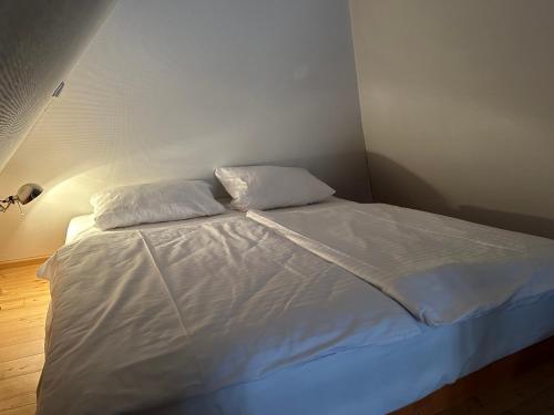 a bed with two pillows on it in a room at Historisches Eckermannhaus - Apartments in Weimar
