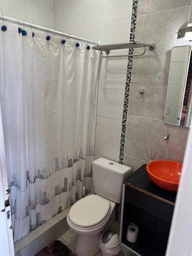 a bathroom with a toilet and a shower curtain at Kaizen Apart Departamento 3 in Caleta Olivia