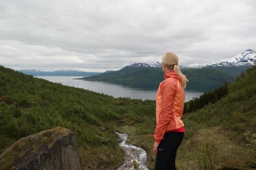 a woman standing on top of a mountain overlooking a river at Arctic Aurora View in Ytre Tomasjord