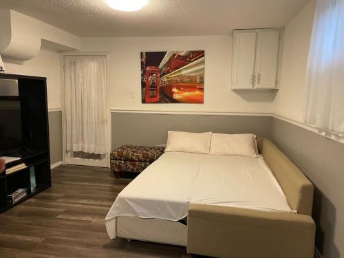 a bedroom with a large bed and a television at 2 bedroom rental apartment , 1 sofa bed, 2 car parking in Mississauga