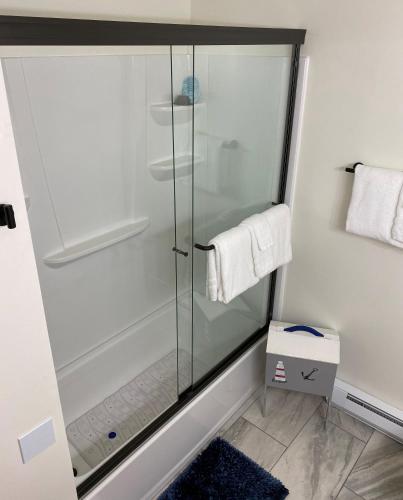 a shower with a glass door in a bathroom at View WD Downtown Harbor R and R in Oak Harbor